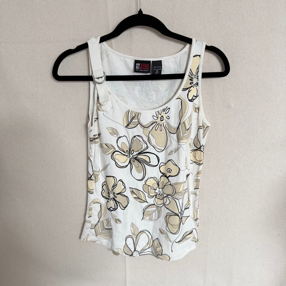 NY Jeans New York & Company Floral Tank Top D-Ring Buckle White Tan Medium
